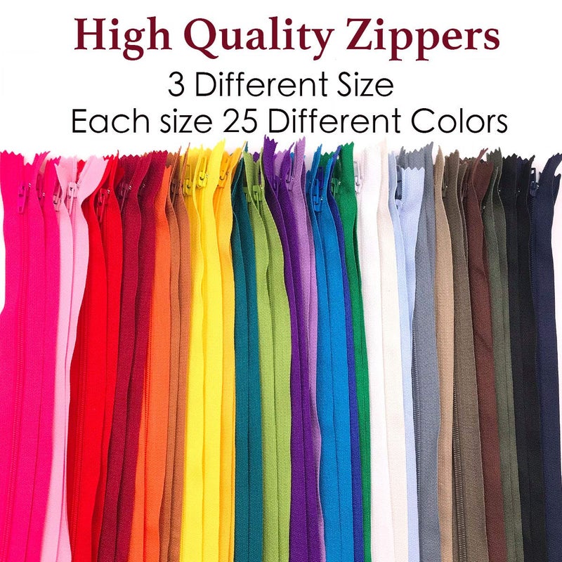 YUEDI 75pcs 20 Inch 14 Inch and 9 Inch Mixed Size Nylon Coil Zipper Bulk with Zipper Presser Foot for Sewing Craft(25 Color Zippers) - Image 2